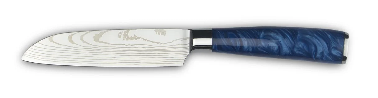 Small santoku knife essential blue white background